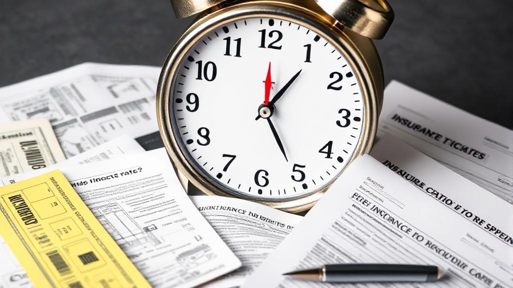 A clock with speeding tickets and car insurance documents scattered around it, symbolizing the passage of time and its impact on insurance rates.
