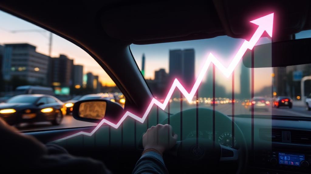 A Lyft driver navigates city streets at dusk, with a glowing earnings graph overlay symbolizing potential income growth.
