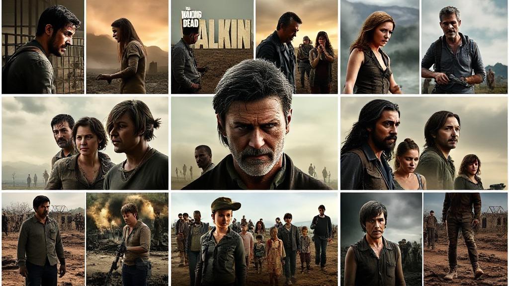A collage of iconic scenes and characters from each season of The Walking Dead, set against a backdrop of a desolate, post-apocalyptic landscape.