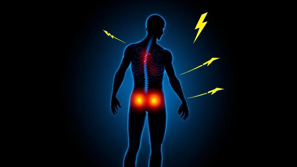 A silhouette of a human body with highlighted areas and lightning bolt symbols indicating random sharp pain points.