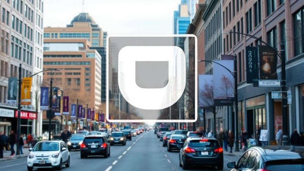 A bustling Montreal street with a prominent Uber logo overlay, showcasing the city's vibrant urban landscape and transportation options.
