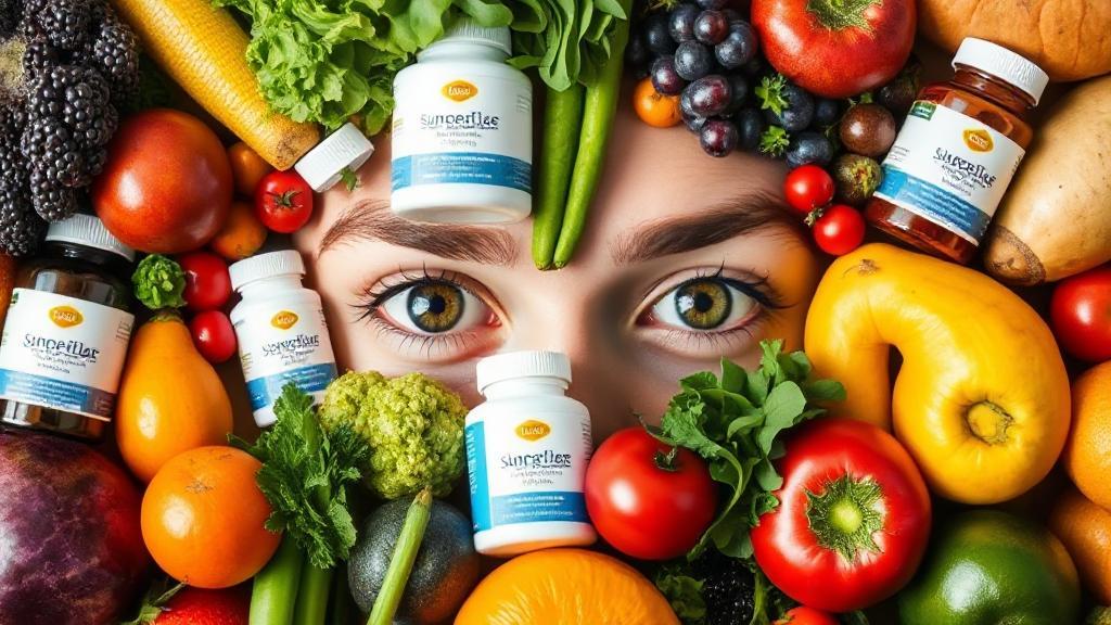 A vibrant assortment of fresh fruits, vegetables, and supplement bottles arranged around a pair of clear, healthy eyes.