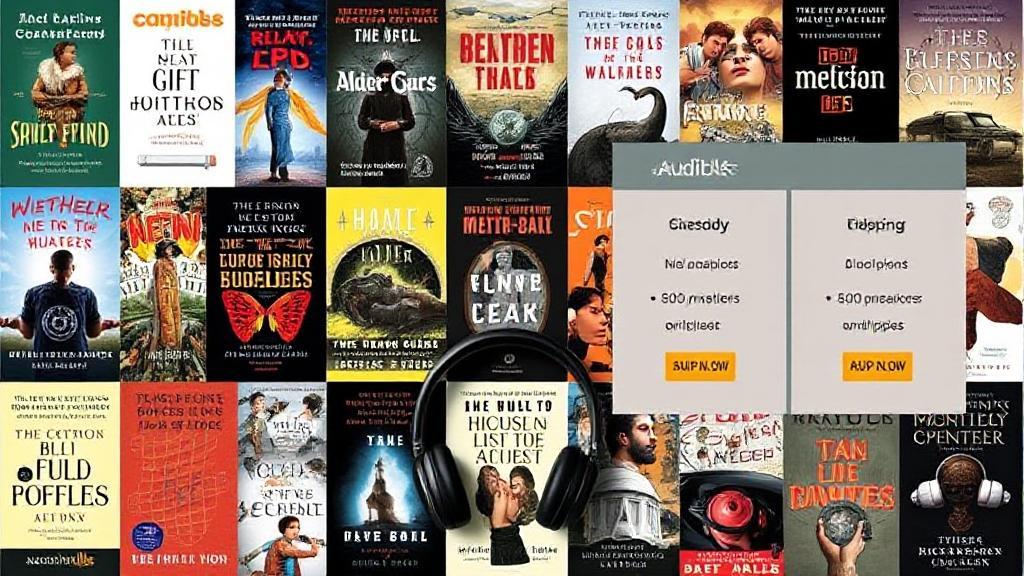 A vibrant collage of audiobook covers and headphones, symbolizing the diverse offerings of Audible's subscription plans.