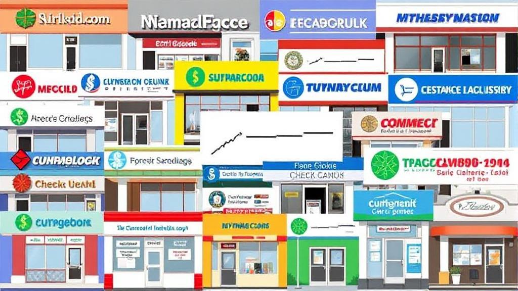 A vibrant collage of various financial institutions and check-cashing services, symbolizing diverse options for cashing checks.