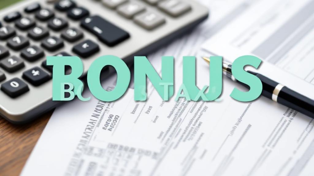 A professional image of a calculator, tax forms, and a pen on a desk, symbolizing financial planning and bonus taxation.