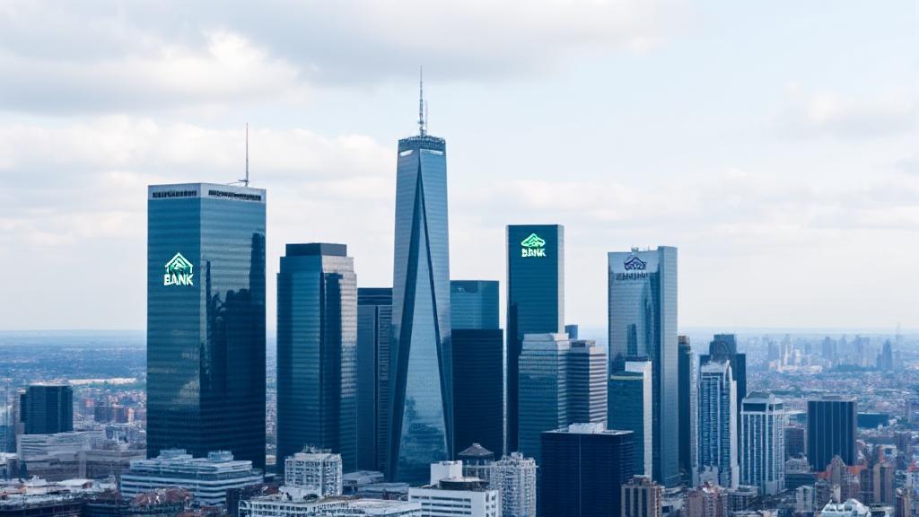 A professional image featuring a skyline of skyscrapers with bank logos, symbolizing financial institutions, against a backdrop of a bustling city, representing business and commerce.