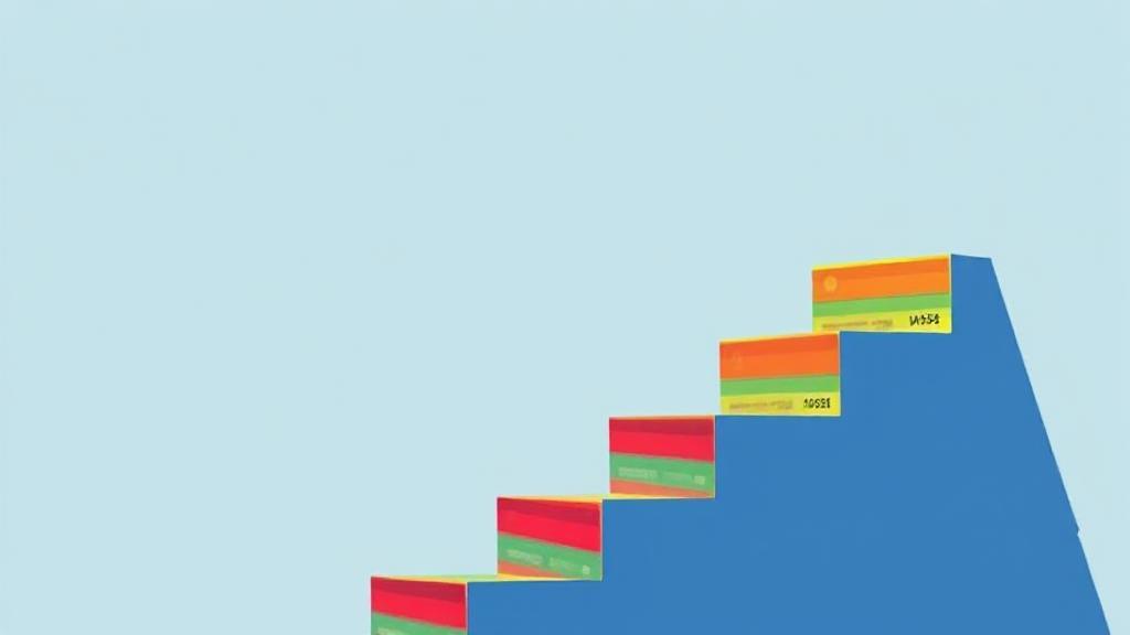 A vibrant illustration of a staircase made of credit cards leading upwards, symbolizing the journey to a strong credit score.