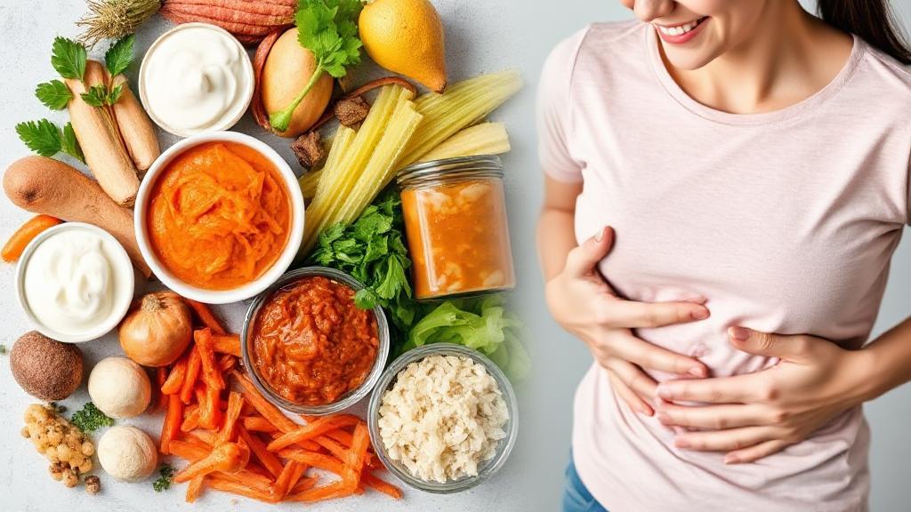 A vibrant assortment of probiotic-rich foods like yogurt, kimchi, and sauerkraut arranged alongside a smiling person holding their stomach, symbolizing digestive comfort and IBS relief.