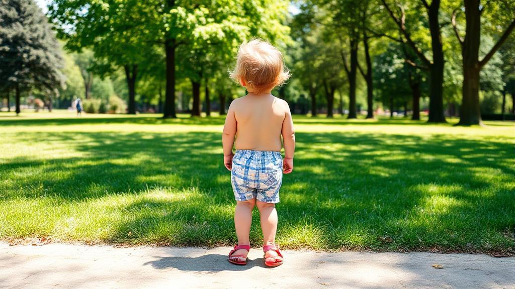 A child with bowed legs standing in a sunny park, symbolizing the effects of rickets and the importance of vitamin D.