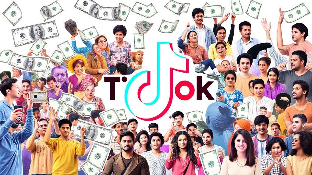 A vibrant collage of TikTok's logo, dollar bills, and diverse content creators symbolizing the platform's monetization dynamics.