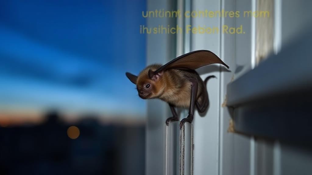 A close-up image of a bat perched on a window ledge at dusk, highlighting potential entry points into homes.