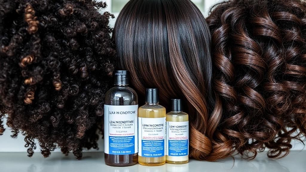 A vibrant, close-up image of diverse hair types—curly, straight, and wavy—shining with health, alongside bottles of leave-in conditioner on a clean, modern background.