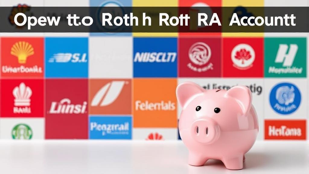 A vibrant collage of financial institution logos and a piggy bank, symbolizing diverse options for opening a Roth IRA account.