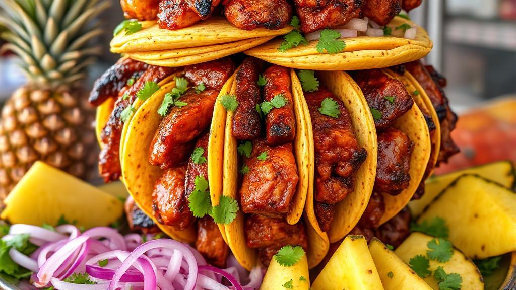 A vibrant display of sizzling al pastor tacos on a traditional vertical spit, surrounded by fresh pineapples, onions, and cilantro.