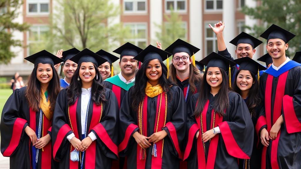 A diverse group of students in academic regalia celebrating their PhD graduation on a university campus.