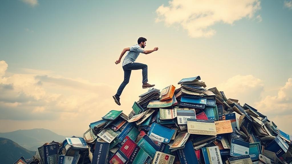 A determined individual climbing a mountain of credit card bills, symbolizing the journey to financial freedom.