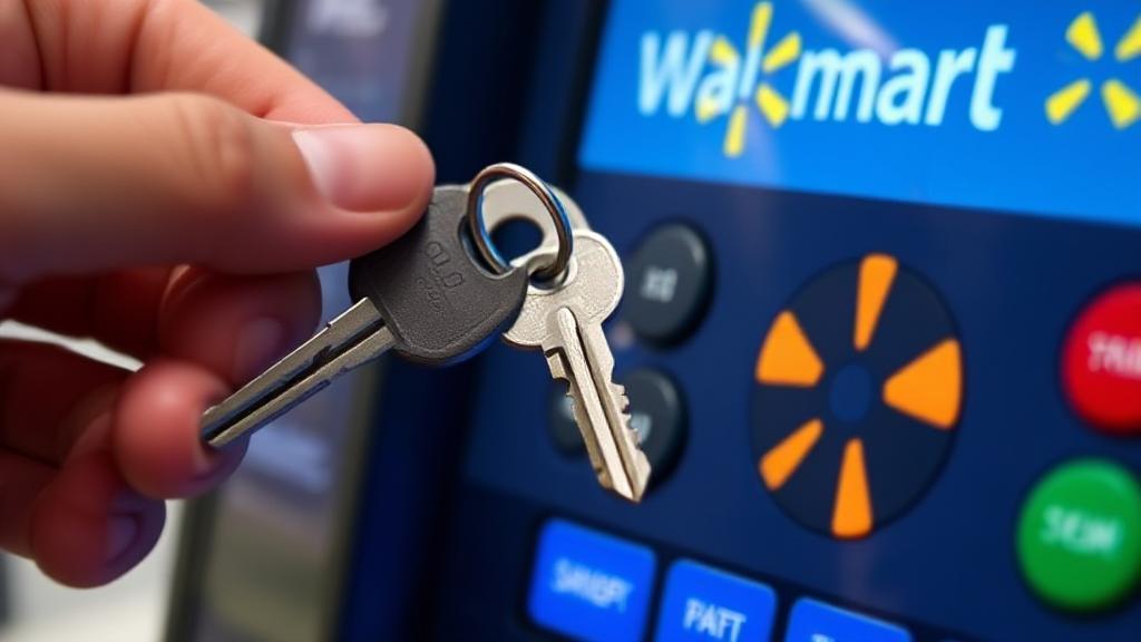 A close-up image of a key being duplicated at a Walmart key-making kiosk.