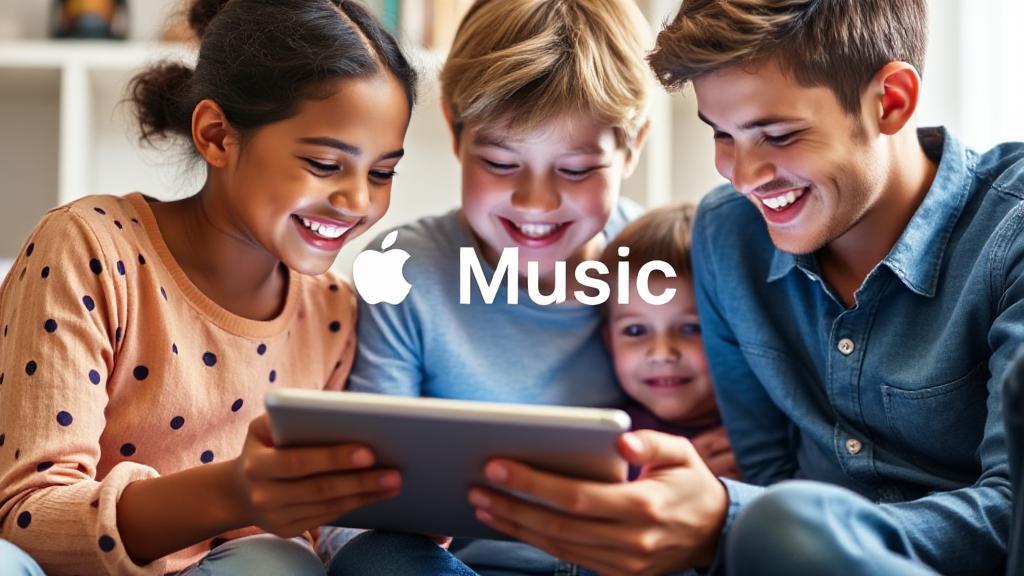 A vibrant image of a family gathered around a tablet, joyfully exploring Apple Music together.
