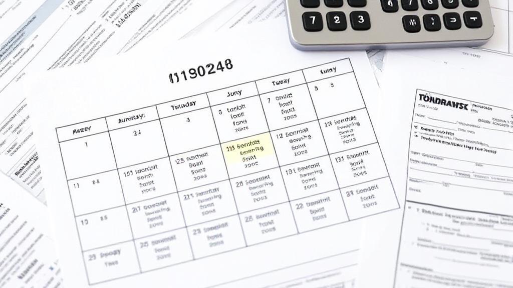A calendar marked with important tax filing dates for 2024, surrounded by tax forms and a calculator.