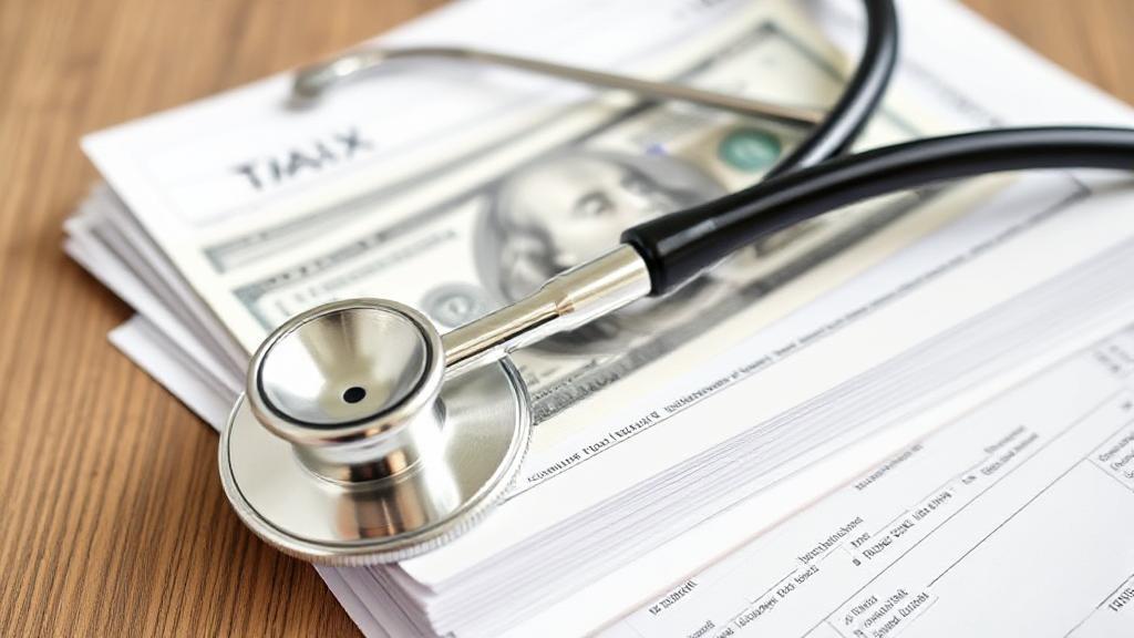 A stethoscope wrapped around a stack of tax forms and dollar bills, symbolizing the intersection of health insurance and tax deductions.