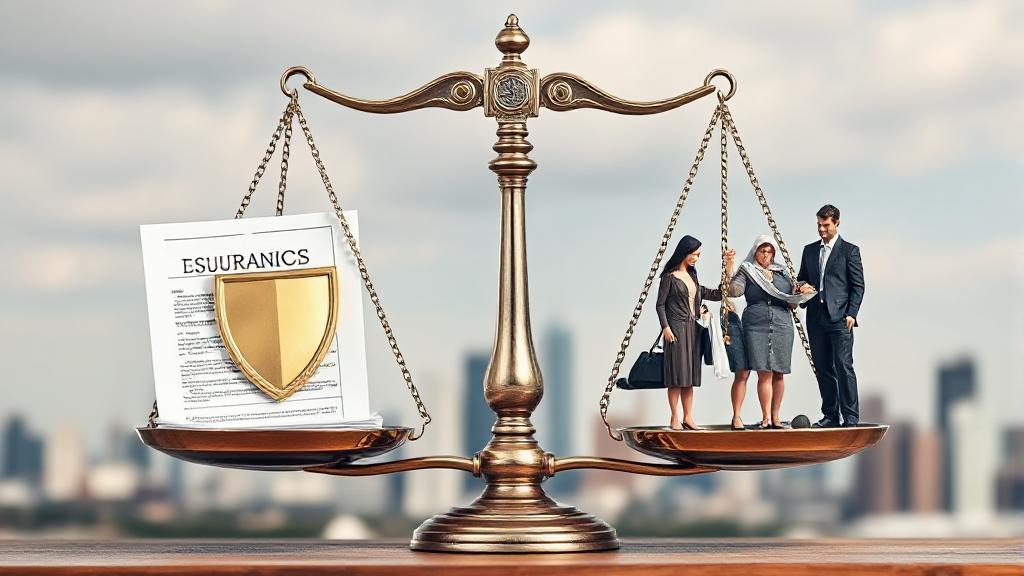 A balanced scale symbolizing justice, with a shield and insurance documents on one side and a family and business on the other, set against a backdrop of a city skyline.