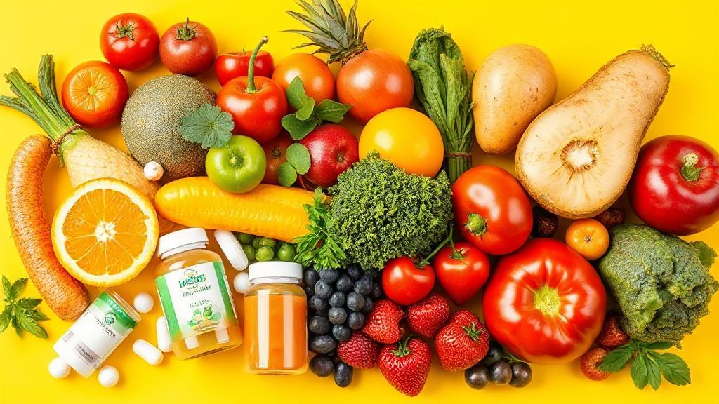 A vibrant assortment of fresh fruits, vegetables, and vitamin supplements arranged on a bright background, symbolizing natural sources of energy-boosting nutrients.