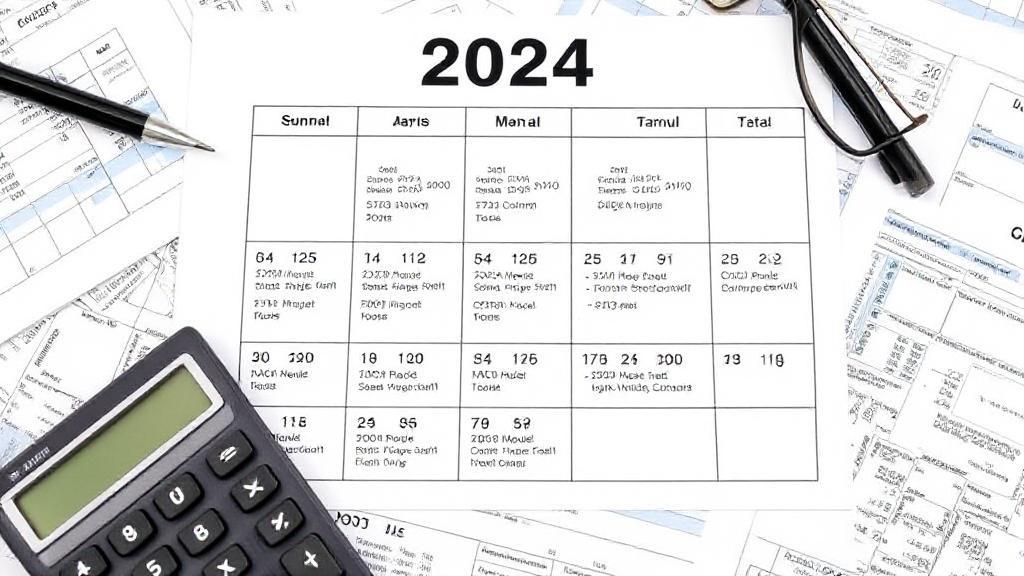 A calendar marked with important tax filing dates for 2024, surrounded by financial documents and a calculator.