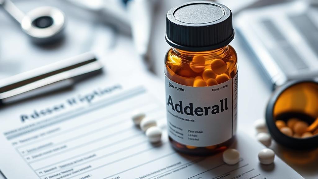A focused image of a doctor's prescription pad and a bottle of Adderall, symbolizing the process of obtaining a prescription.