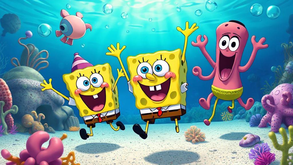 A vibrant underwater scene featuring SpongeBob SquarePants and his friends joyfully exploring Bikini Bottom.