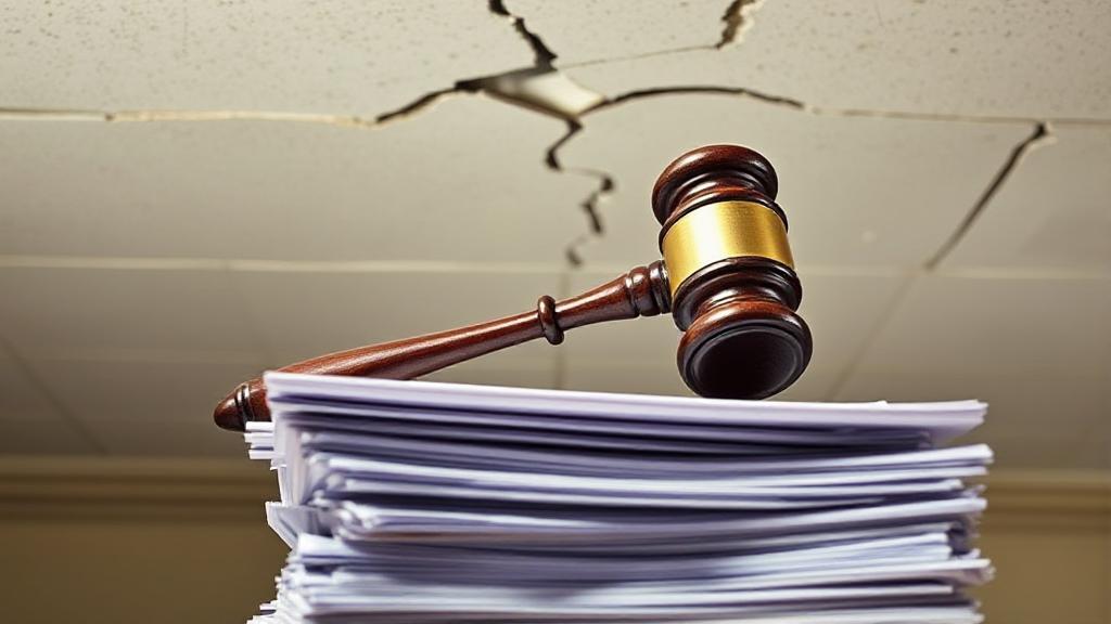 A gavel rests on a stack of legal documents beneath a cracked ceiling, symbolizing the pursuit of justice in a negligence settlement case.