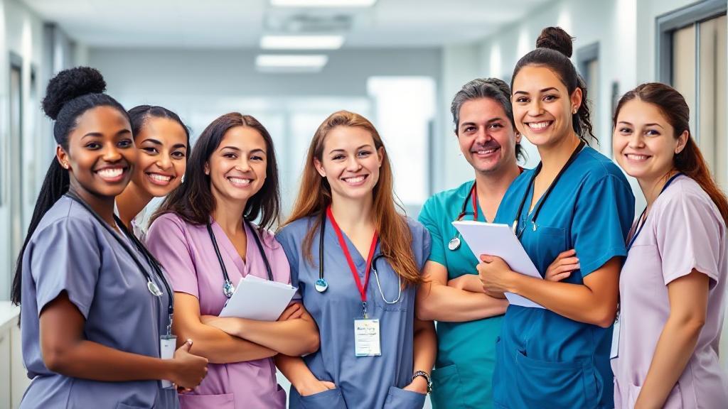 A diverse group of medical assistants in scrubs, smiling and working together in a modern healthcare setting.