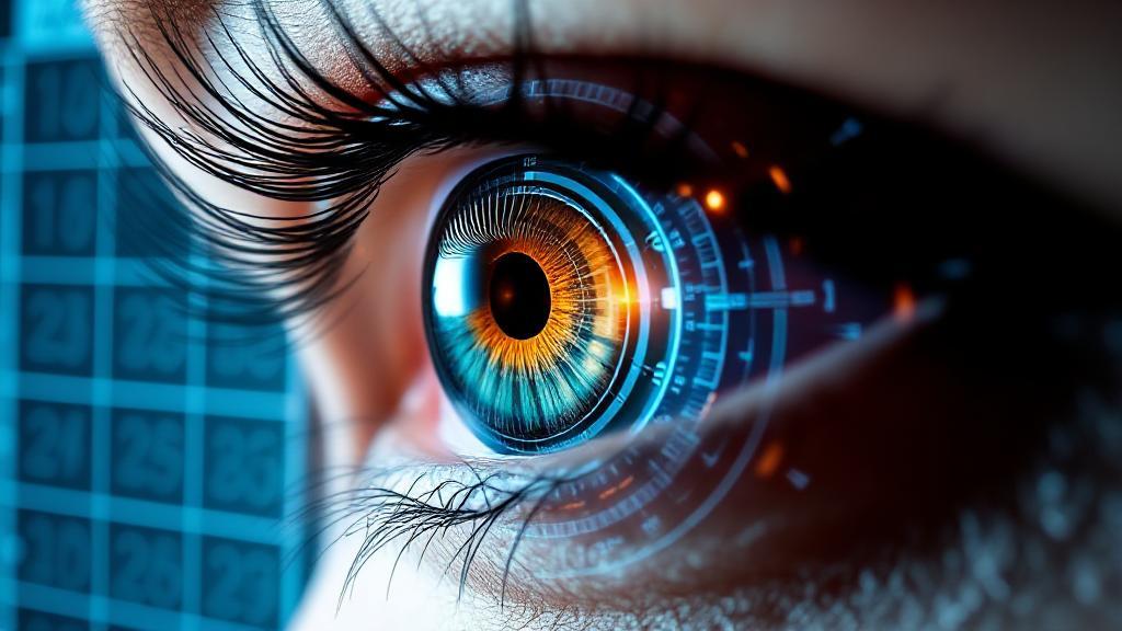 A close-up of an eye with a futuristic digital overlay, symbolizing precision and clarity, set against a backdrop of a calendar marking different ages.