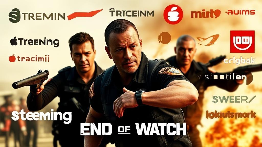 A dynamic collage of streaming platform logos surrounding a still from "End of Watch," featuring the film's protagonists in a tense, action-packed scene.