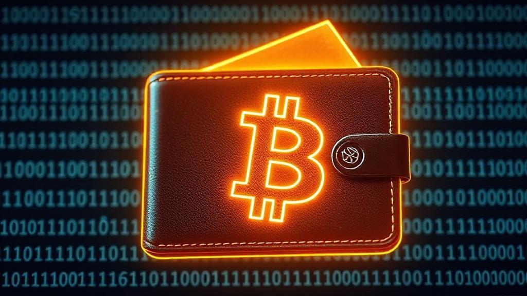A digital wallet with a glowing Bitcoin symbol surrounded by binary code, symbolizing the acquisition of cryptocurrency.