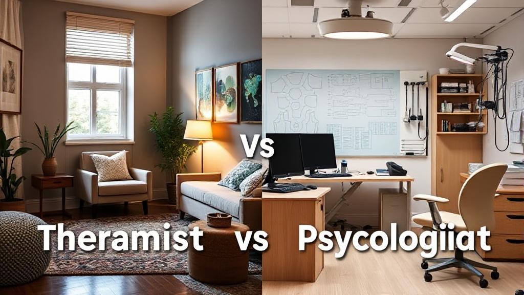 A split image showing a cozy therapy room on one side and a psychologist's office with diagnostic tools on the other, symbolizing the choice between therapist and psychologist.