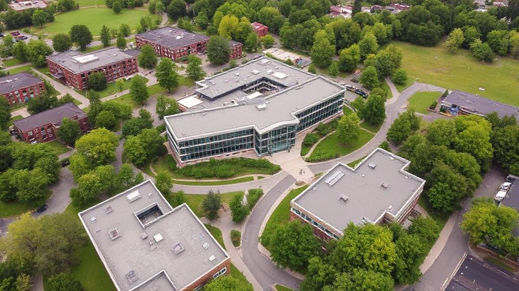 A scenic aerial view of Walden University's campus, surrounded by lush greenery and modern architecture.