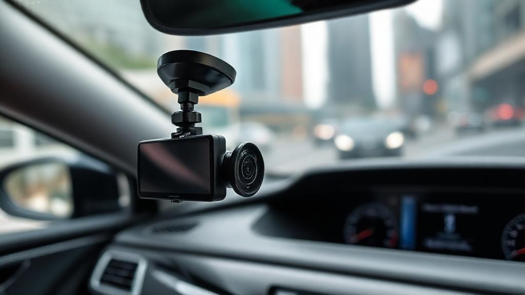 A sleek car dashboard with a modern dash cam mounted, cityscape blurred in the background, highlighting advanced technology and safety.