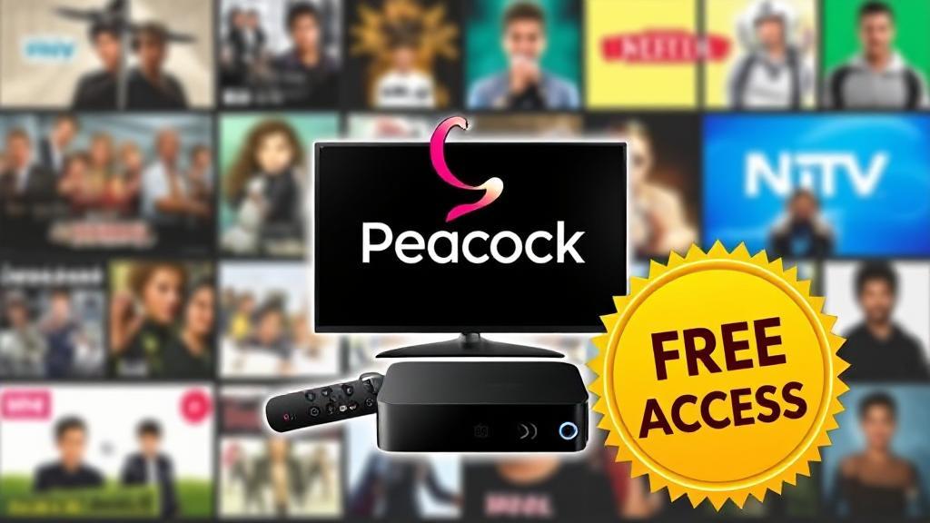 A vibrant collage of Peacock's logo, streaming devices, and a "Free Access" badge, set against a backdrop of popular TV show thumbnails.