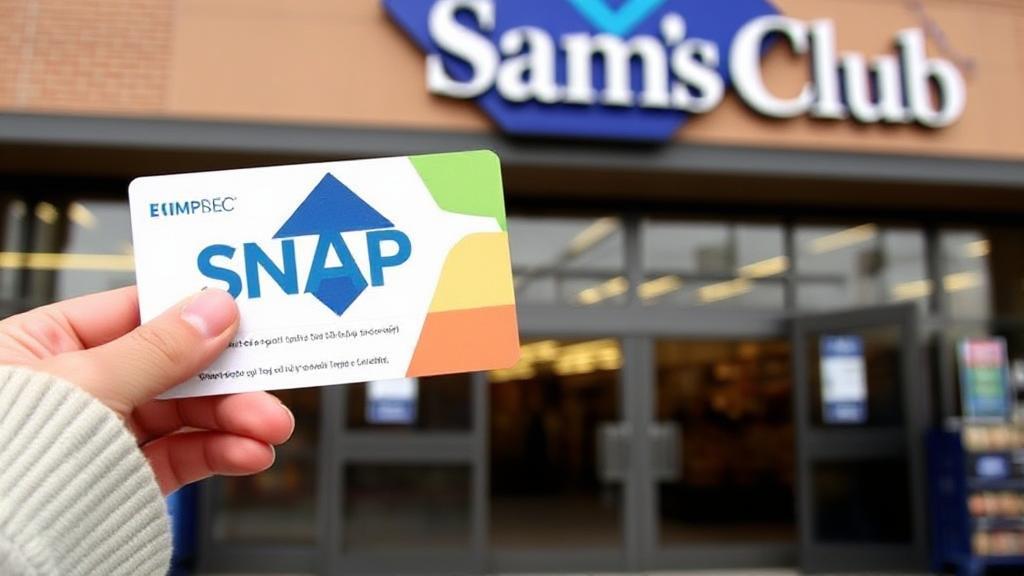 A shopper holding a SNAP EBT card stands in front of a Sam's Club entrance.