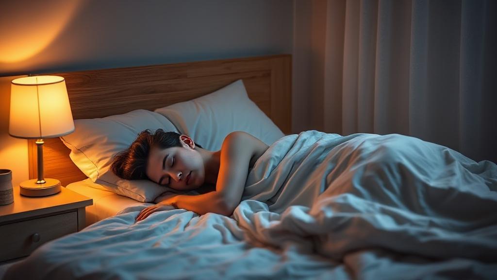 A peaceful bedroom scene with soft lighting, a cozy bed, and a person sleeping soundly, conveying relaxation and restful sleep.