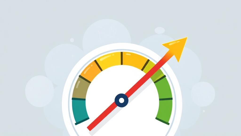 A vibrant illustration of a credit score gauge with a rising arrow, symbolizing growth and improvement in financial health.