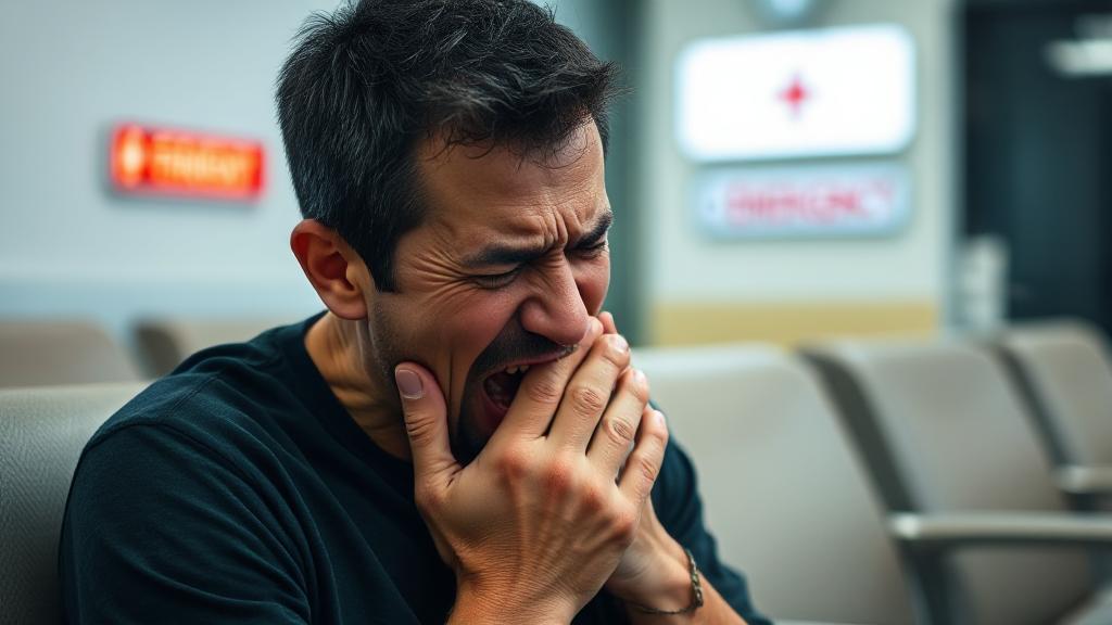 A concerned individual clutching their jaw in pain, sitting in a waiting room with a visible emergency room sign in the background.