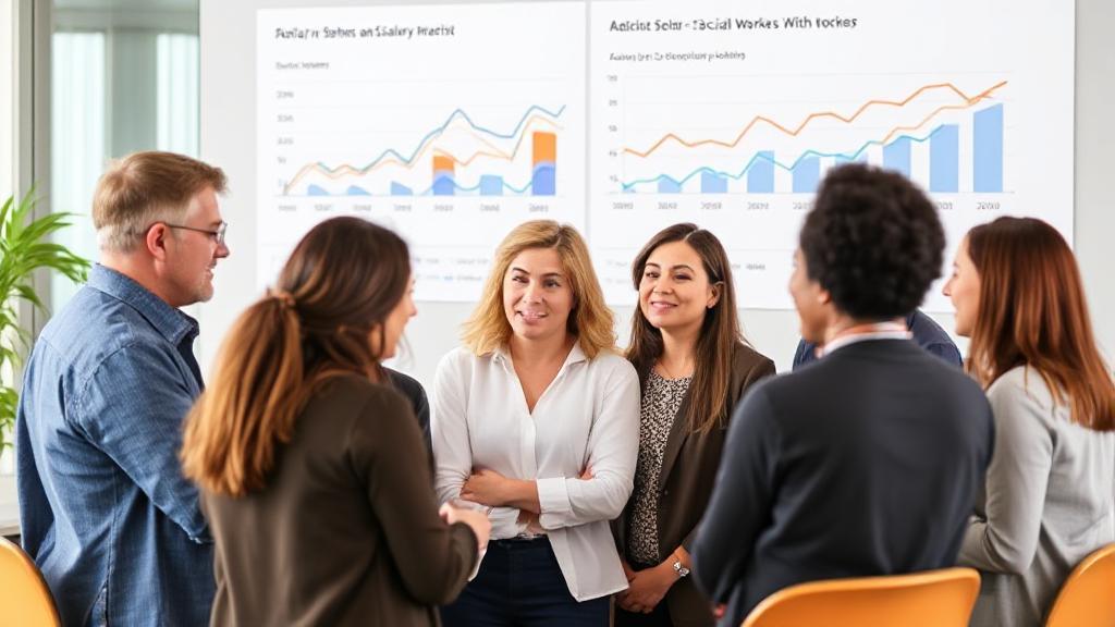 A diverse group of social workers engaged in a collaborative discussion, with a chart displaying salary trends in the background.