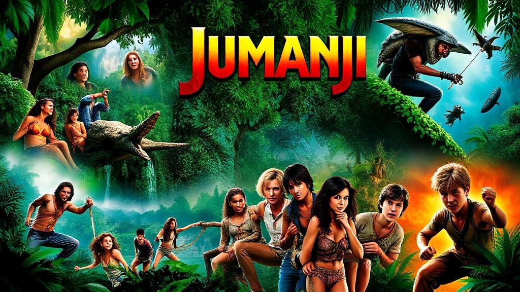 A vibrant collage featuring scenes from the Jumanji movies, showcasing the adventurous jungle setting and iconic characters.