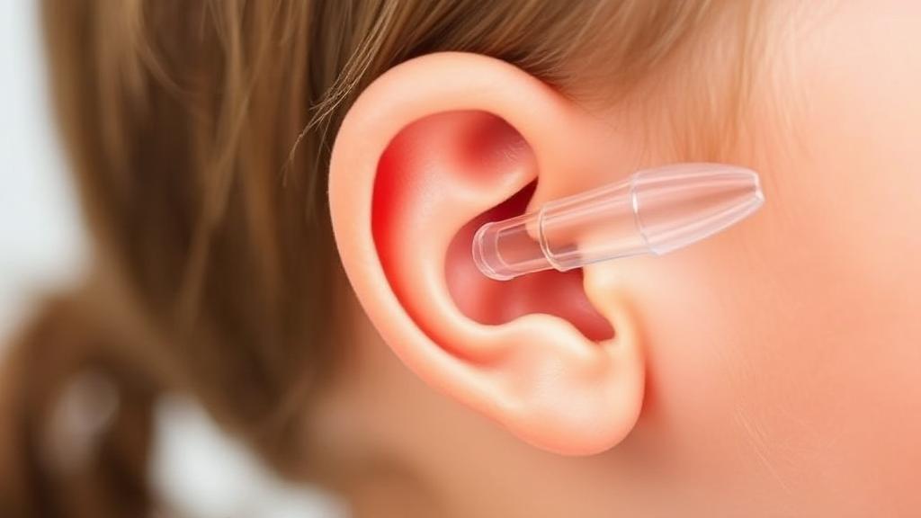 A close-up image of a child's ear with a transparent illustration of an ear tube being gently inserted, symbolizing the medical procedure and its benefits.
