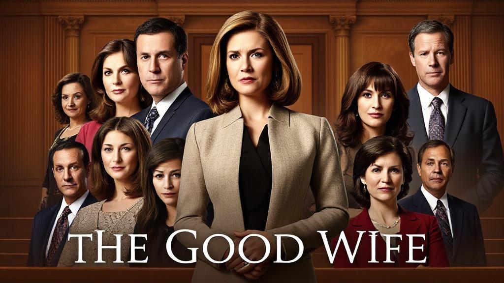 A collage of key characters from "The Good Wife" set against a backdrop of a courtroom, symbolizing the show's legal drama theme.