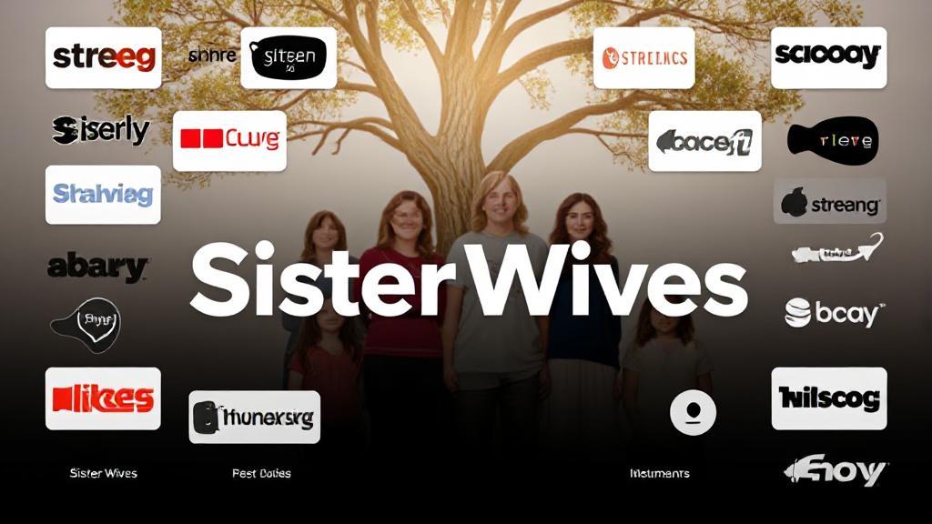 A collage of streaming platform logos surrounding the "Sister Wives" show title against a backdrop of a family tree.