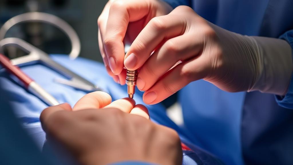 A close-up image of a surgeon's hands carefully placing an Inspire implant device during a surgical procedure, with medical instruments visible in the background.
