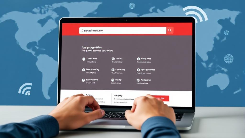 A person using a laptop to search for internet service providers, with a map and Wi-Fi symbols in the background.