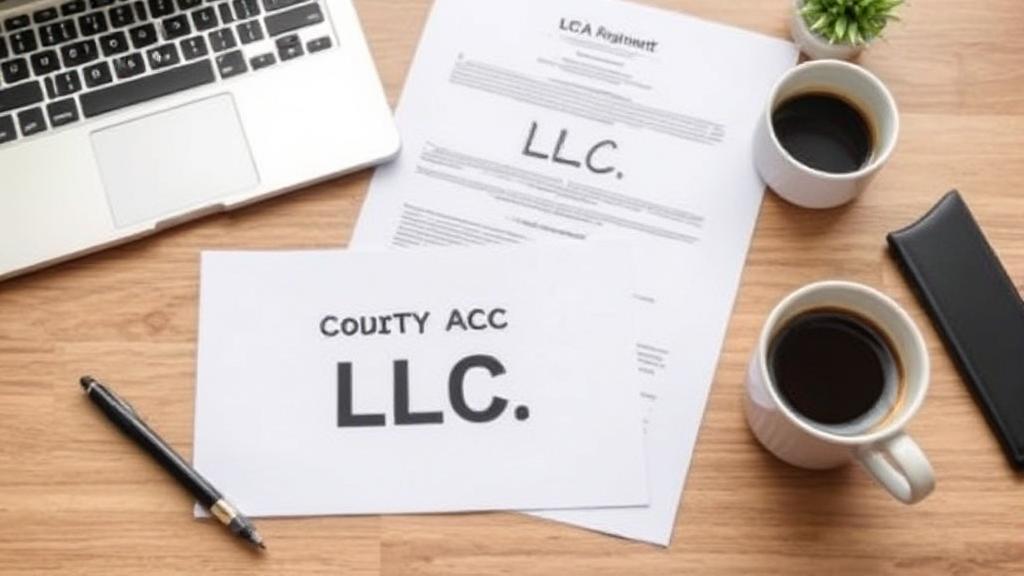 A professional workspace with a laptop, legal documents, and a cup of coffee, symbolizing the process of starting an LLC.